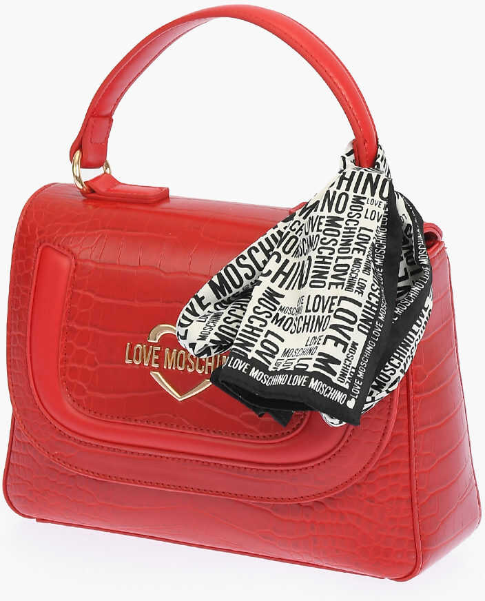 Moschino Love Crocodile Effect Faux Leather Top Handle Bag With Necke Red