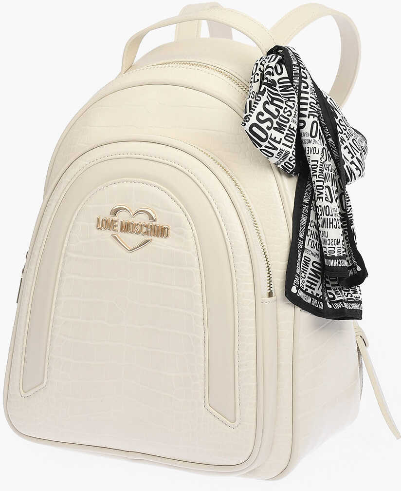 Moschino Love Crocodile Effect Faux Leather Backpack With Neckerchief Beige