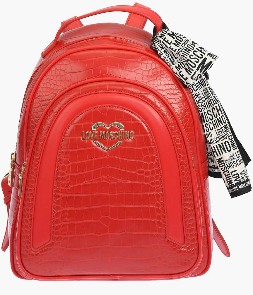 Moschino Love Crocodile Effect Faux Leather Backpack With Neckerchief Red