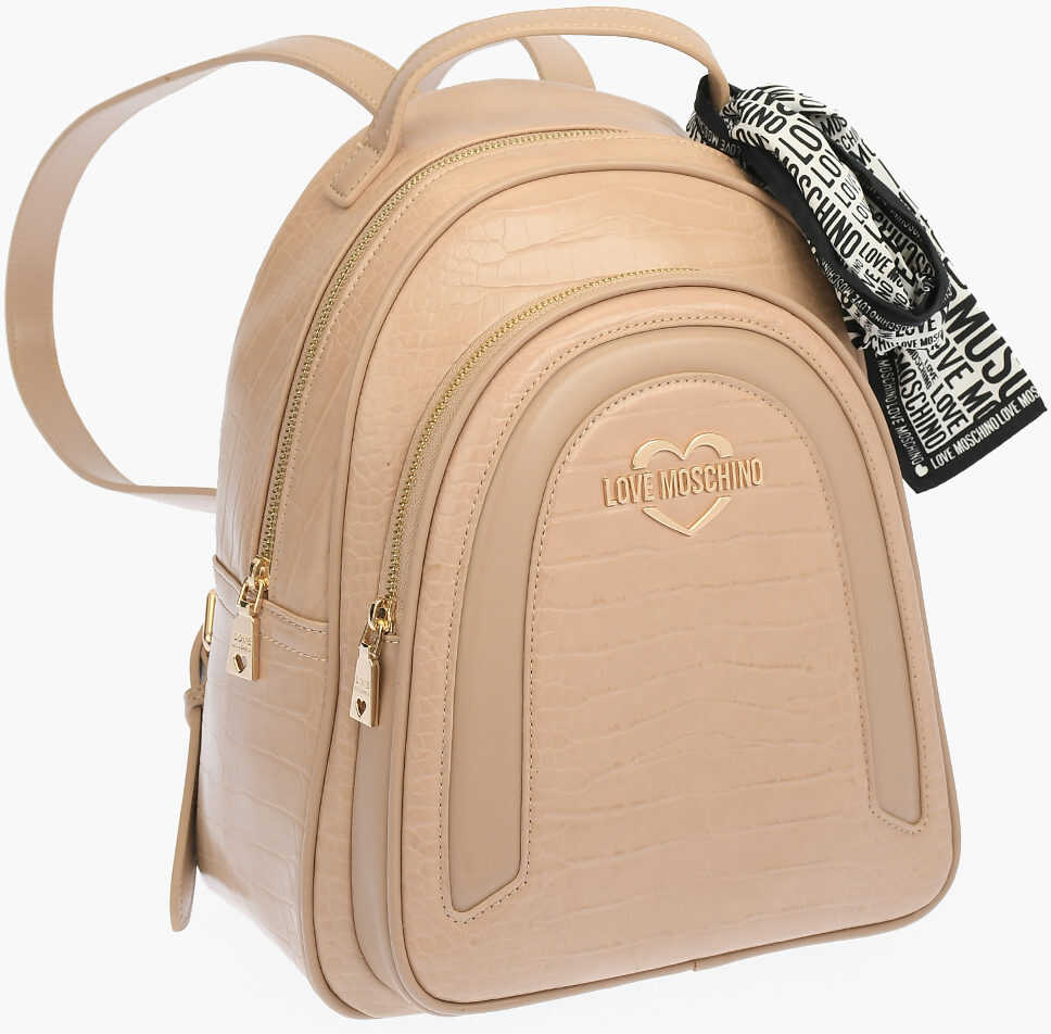 Moschino Love Crocodile Effect Faux Leather Backpack With Neckerchief Beige