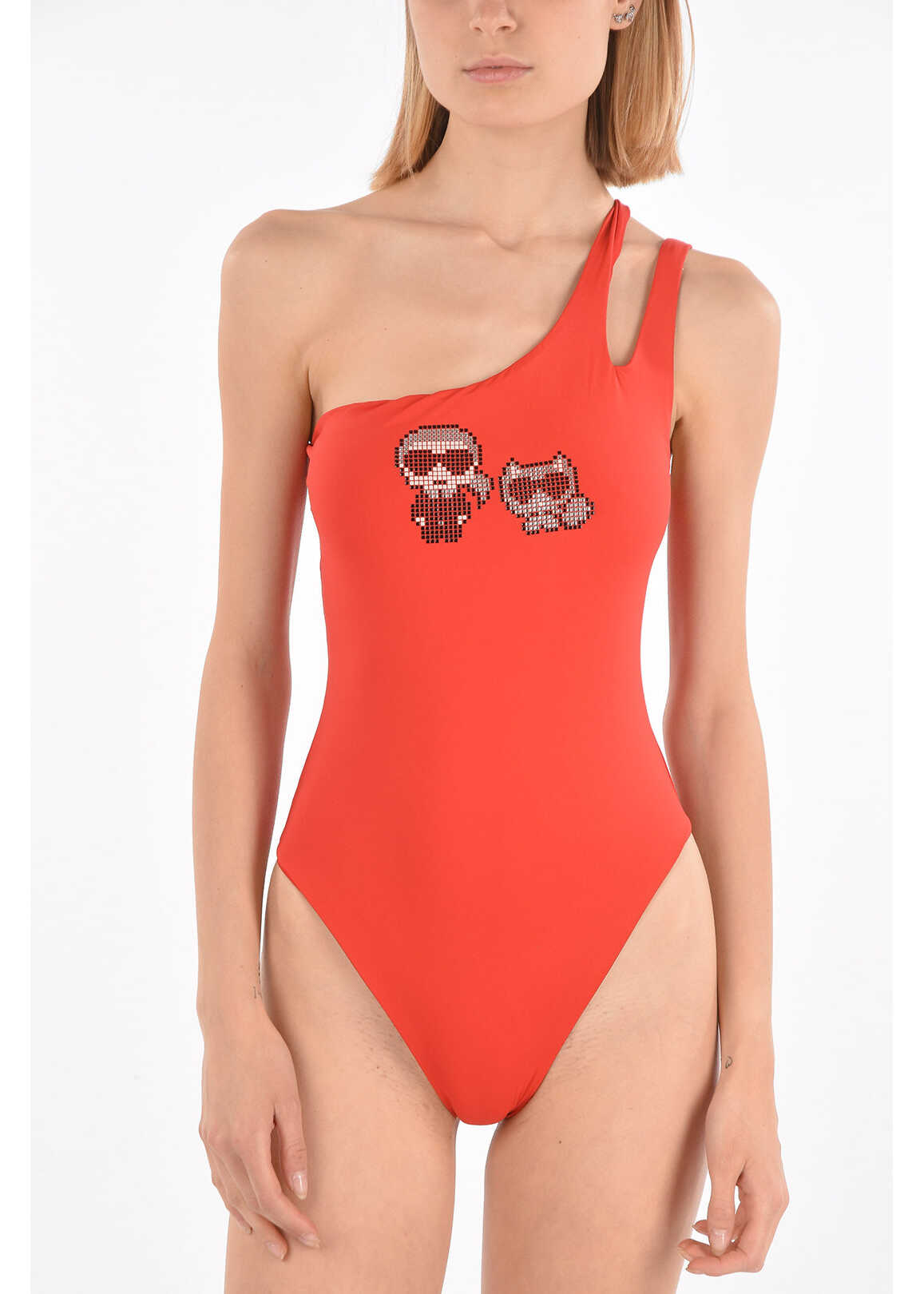 Karl Lagerfeld One Shoulder Karl & Choupette Swimsuit Red image