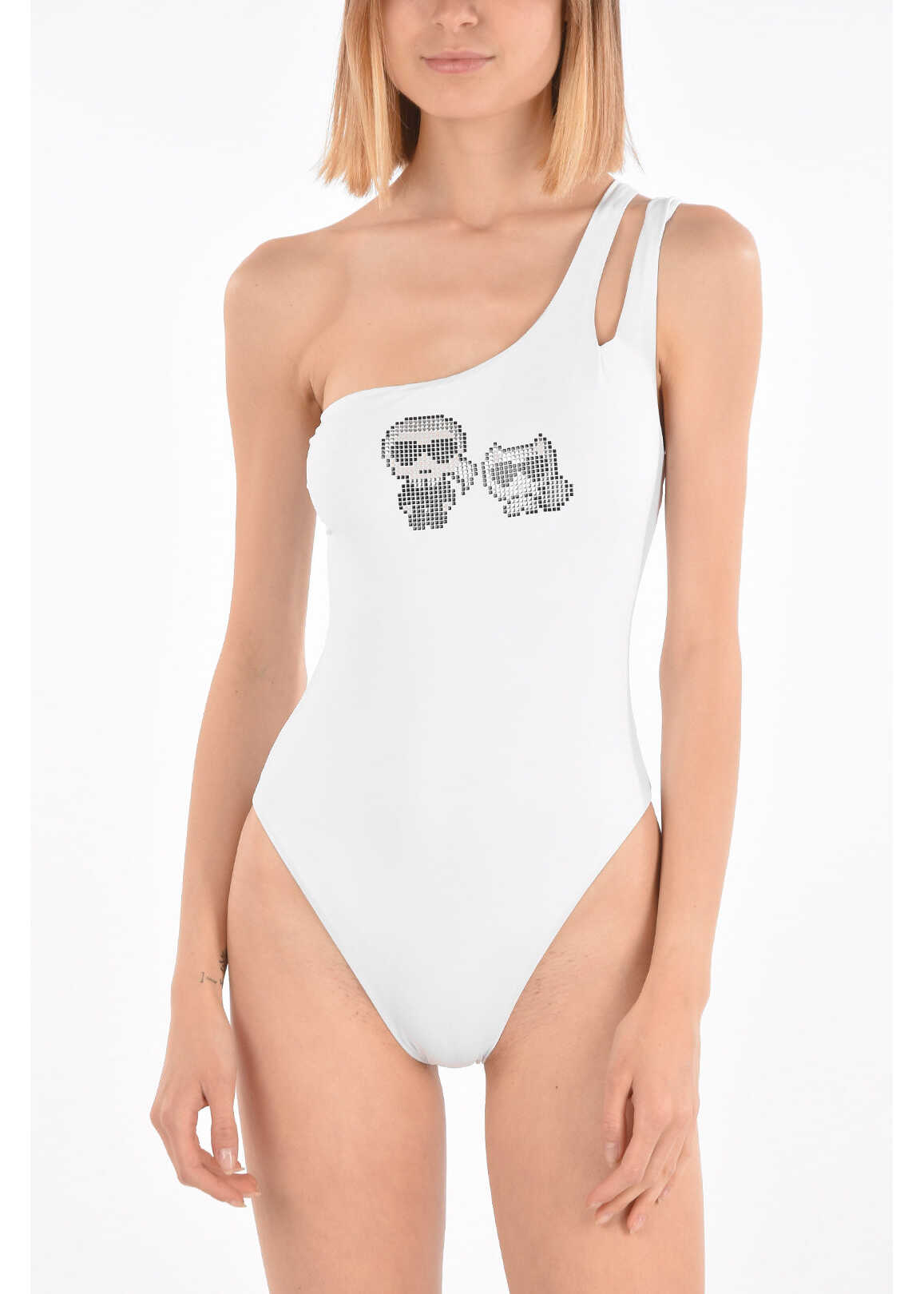 Karl Lagerfeld One Shoulder Karl & Choupette Swimsuit White image