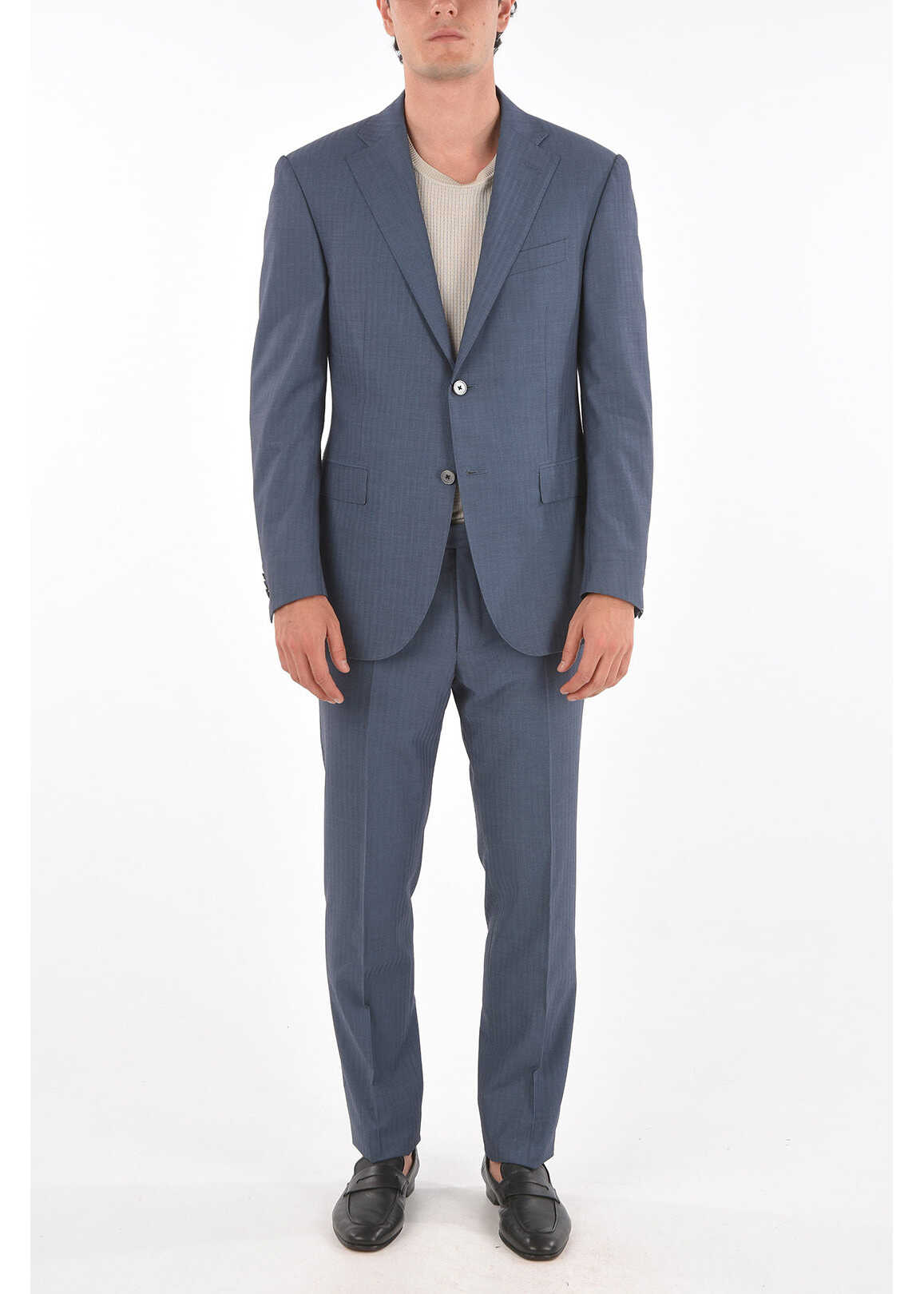 CORNELIANI 2 Button Academy Awning Motif Suit With Flap Pockets Light Blue