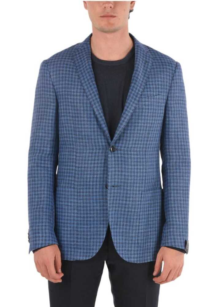 CORNELIANI Flax Blend Gate Blazer With Gingham Check Pattern Blue