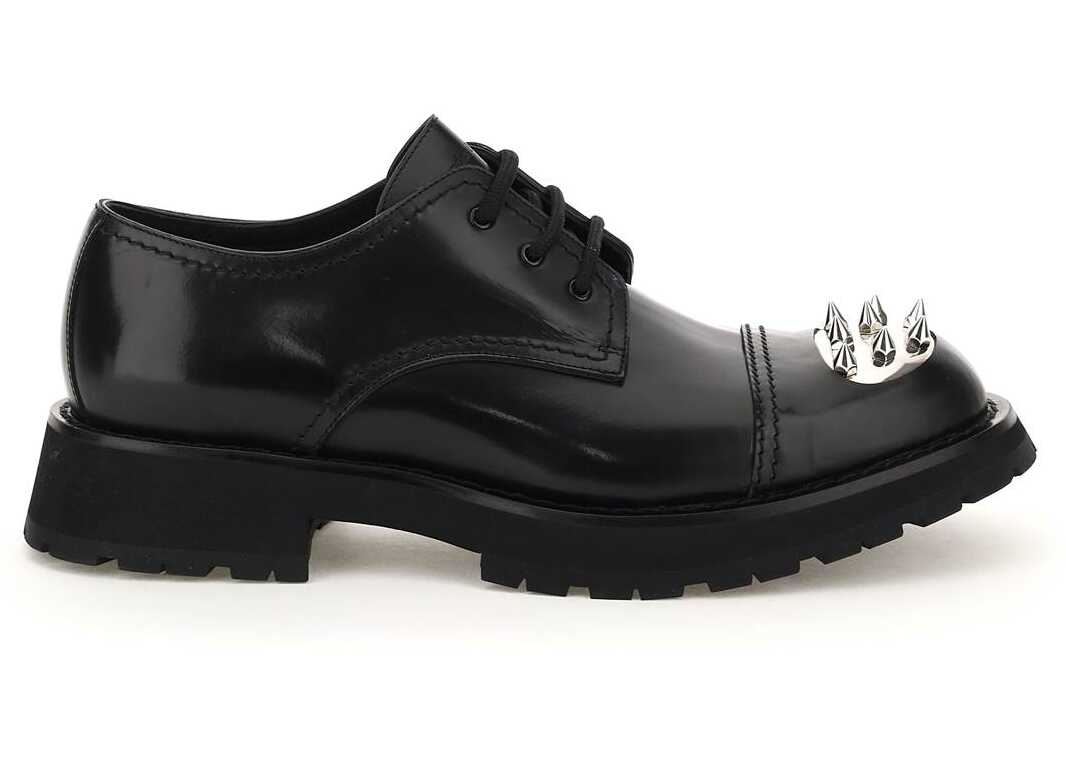 Alexander McQueen Leather Lace-Up Shoes With Studded Toe-Cap BLACK SILVER