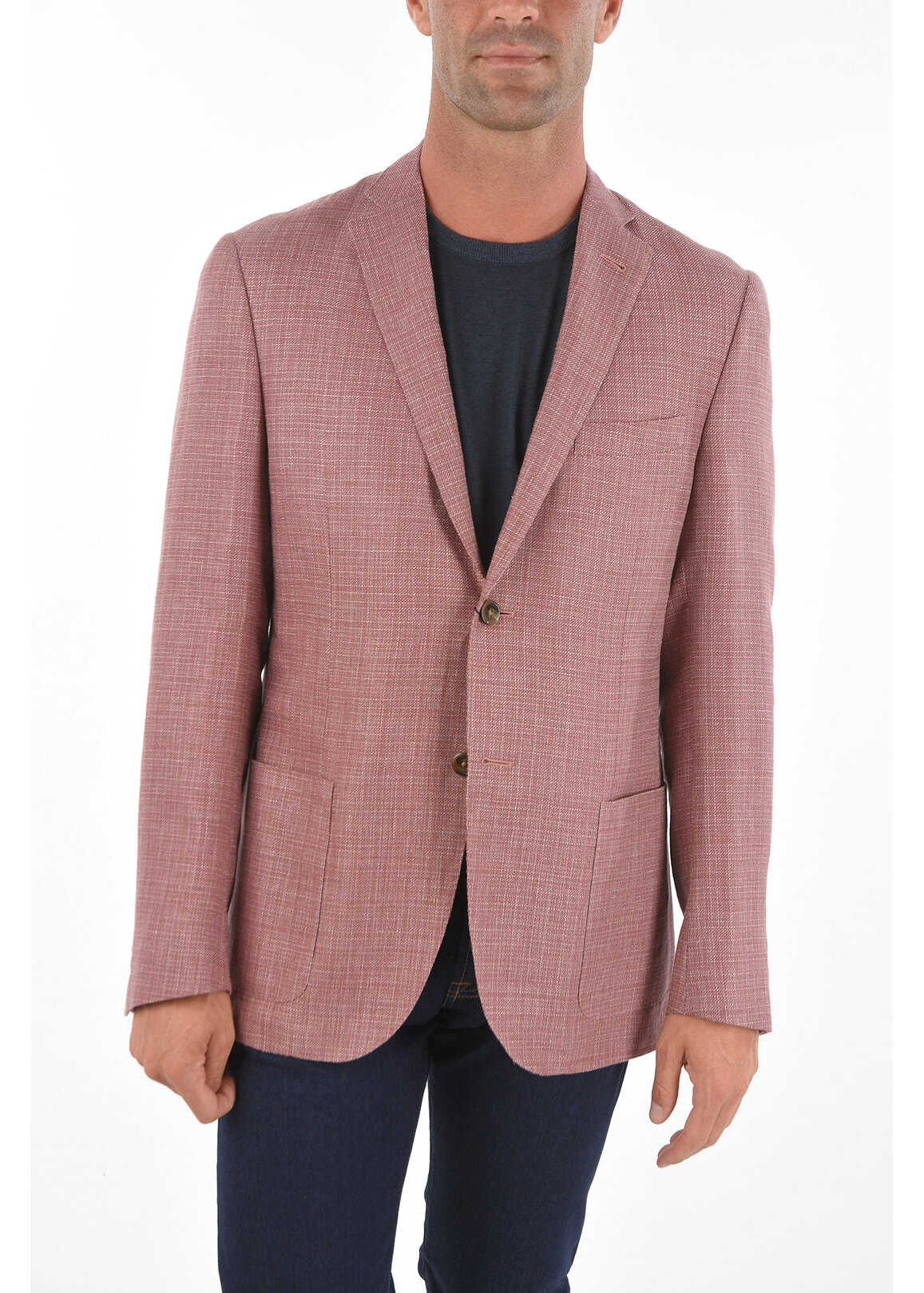 CORNELIANI 2 Button Gate Flax Blend Blazer With Hopsack Pattern Pink