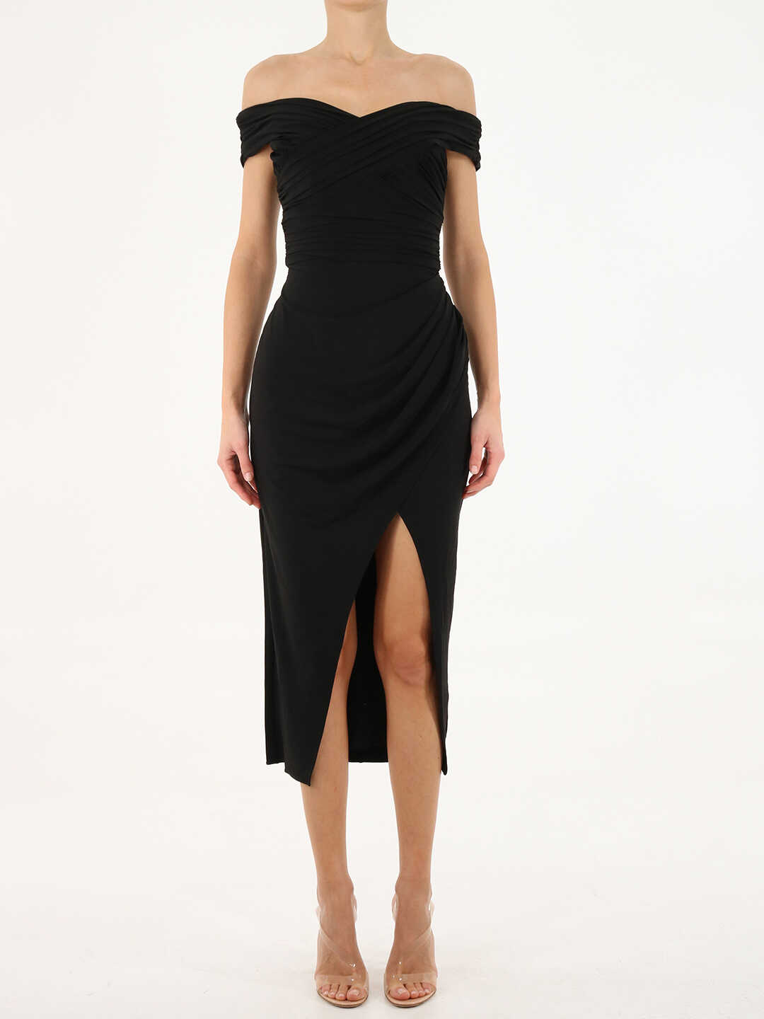 SelfPortrait Crossover Midi Dress* Black