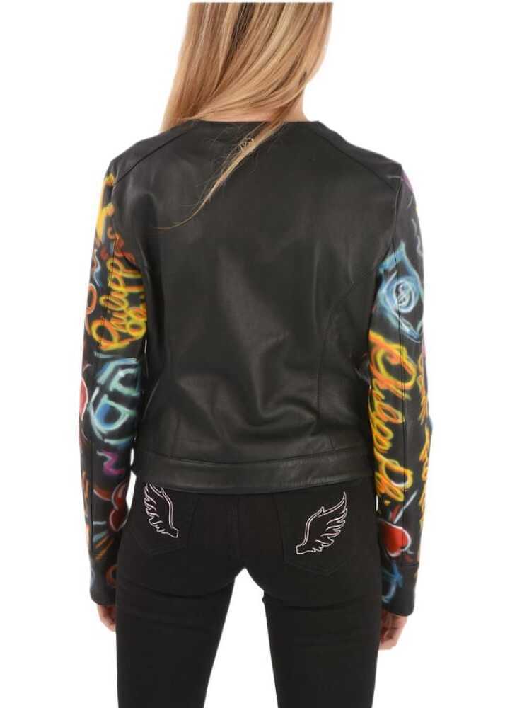 Geci de piele Philipp Plein Couture Leather Jacket Graffiti With Printed Sleeves Multicolor Femei (BM 9013283) 2