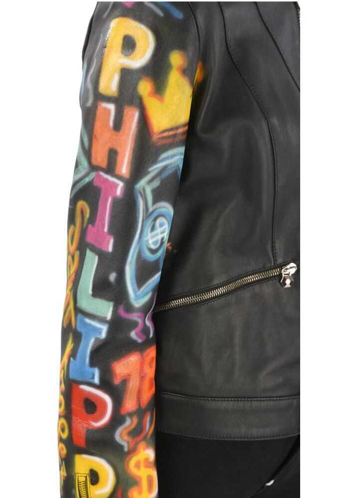 Geci de piele Philipp Plein Couture Leather Jacket Graffiti With Printed Sleeves Multicolor Femei (BM 9013283) 3