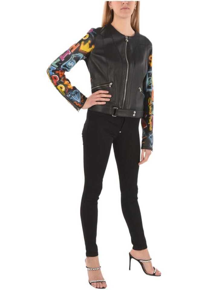 Geci de piele Philipp Plein Couture Leather Jacket Graffiti With Printed Sleeves Multicolor Femei (BM 9013283) 4