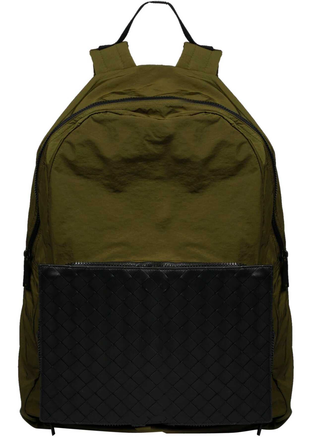 Bottega Veneta Nylon Braided Leather Foldable Paper Backpack Military Green b-mall.ro