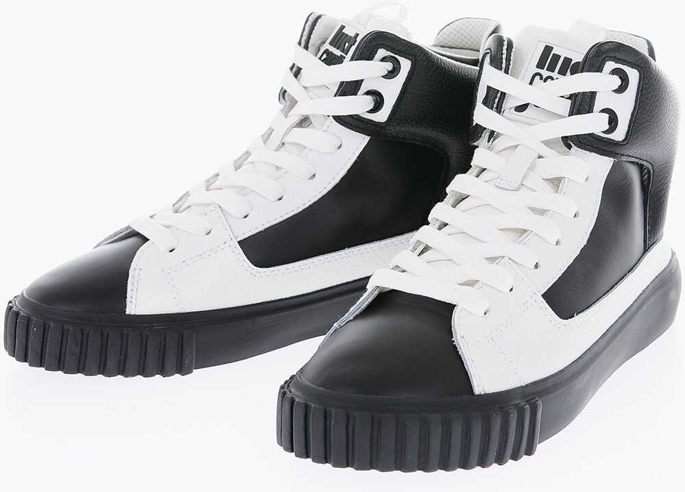 Just Cavalli Snake Effect Two-Tone Leather High Top Sneakers Black & White