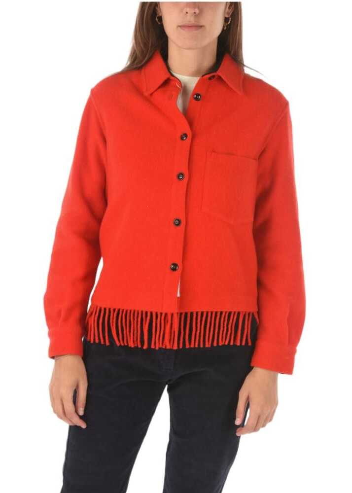 Woolrich Fringed Hem Wool Blend Shirt With Breast Pocket Red