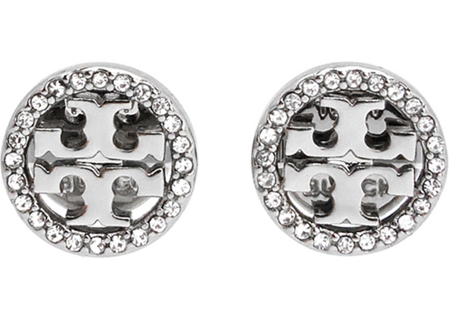 Tory Burch Circle-Stud Crystal Logo Earrings SILVER image