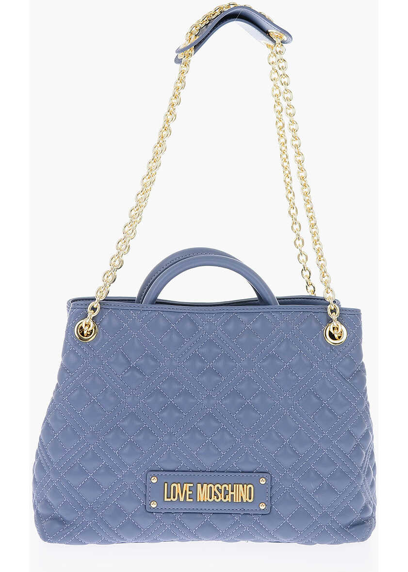 Moschino Love Faux Leather Quilted Hand Bag With Golden Chain Gray