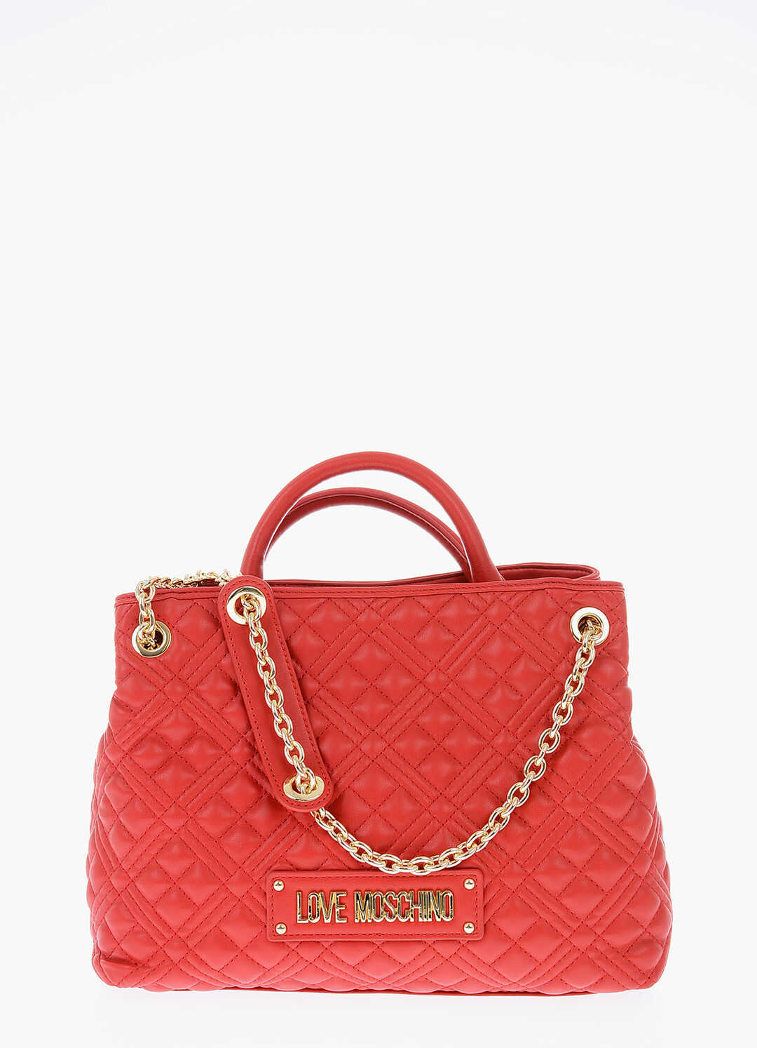 Moschino Love Faux Leather Quilted Hand Bag With Golden Chain Red