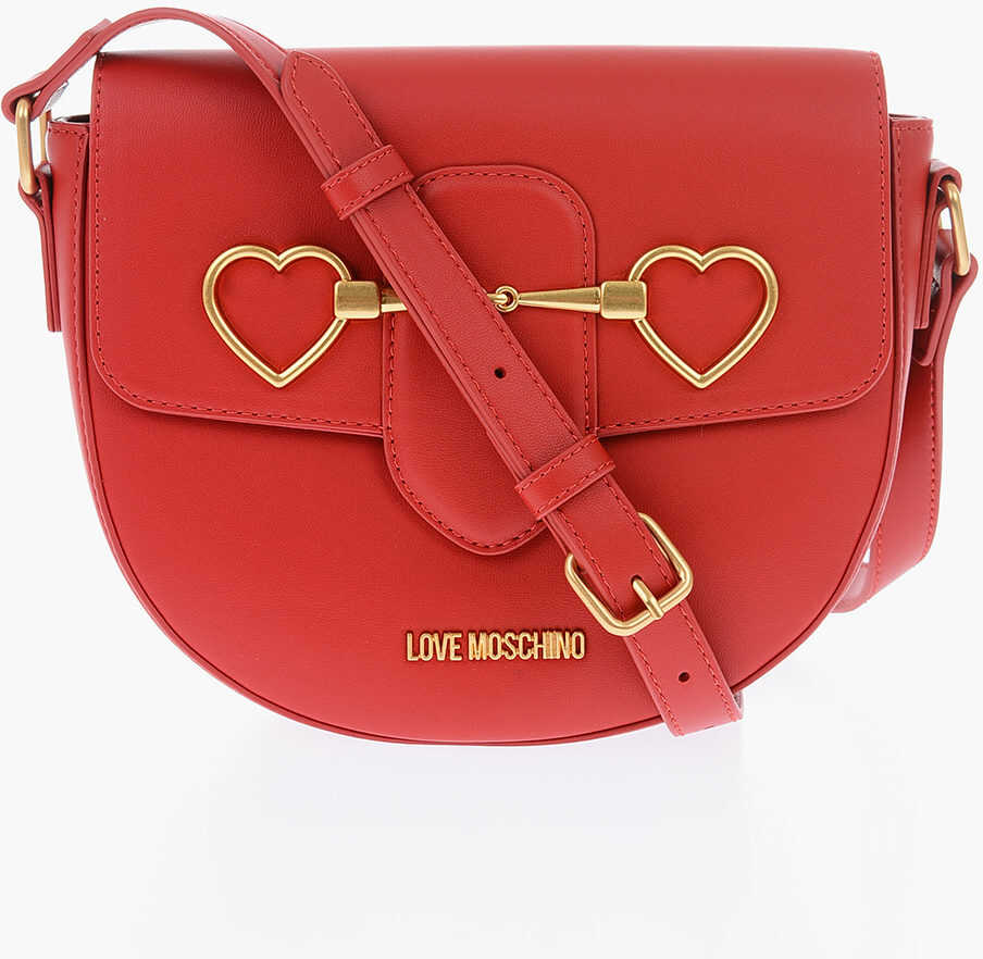 Moschino Love Faux Leather Crossbody Bag With Golden Logo Red b-mall.ro