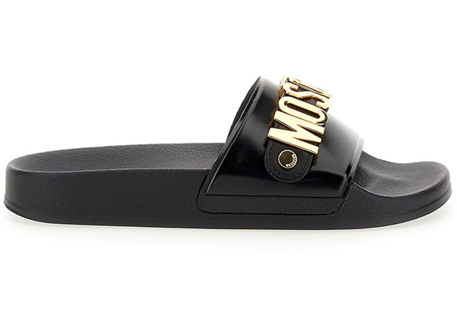 Moschino Slide Sandal With Lettering Logo BLACK