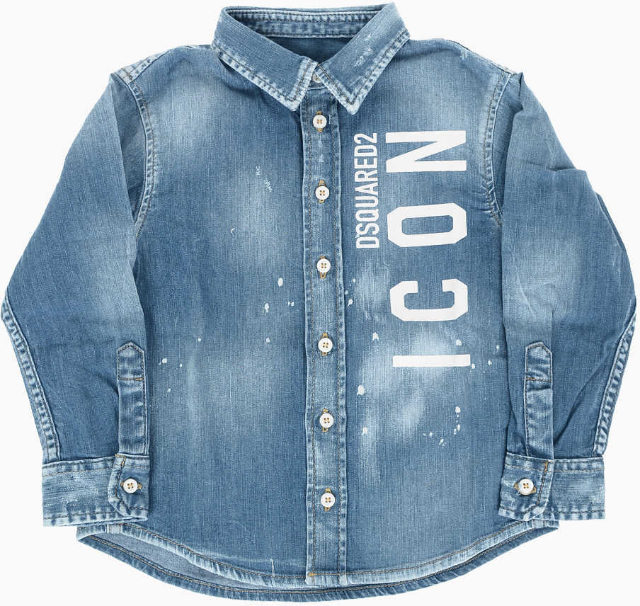 Dsquared2 Kids Icon Logo Printed Stretch Denim Shirt Blue