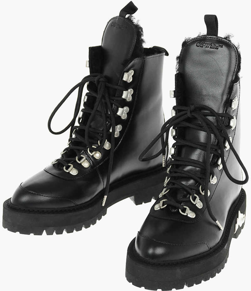 Off-White Leather Hiking Boots With Faux Fur Lining Black b-mall.ro