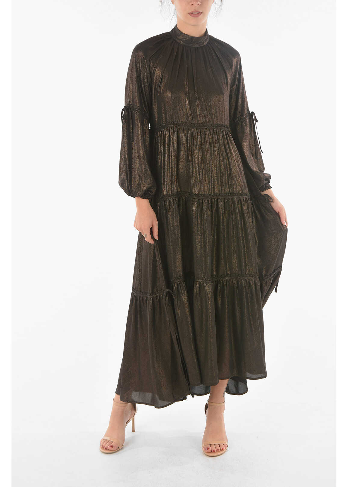 AllSaints Lurex Eimear Maxi Dress With Bishop Sleeves Brown image