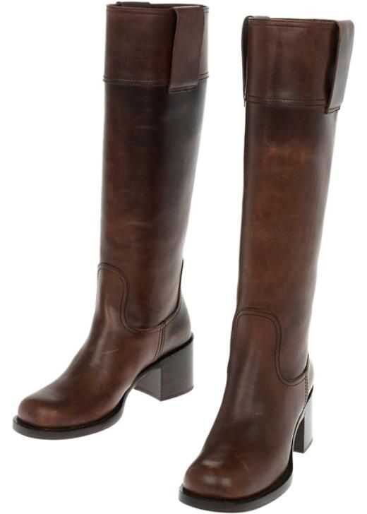 Miu Miu Leather Pull-Up Knee-High Boots 6,5Cm Brown b-mall.ro