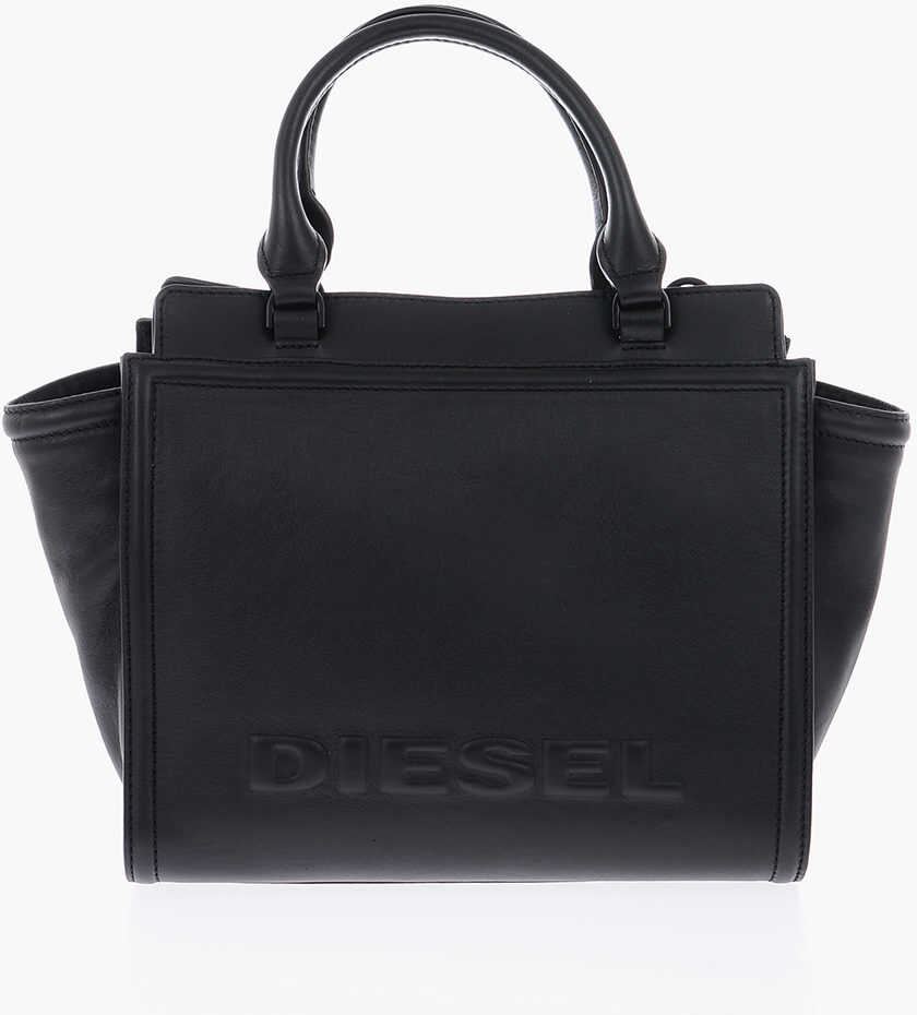 Diesel Logo Embossed Leather Badia Tote Bag Black image1