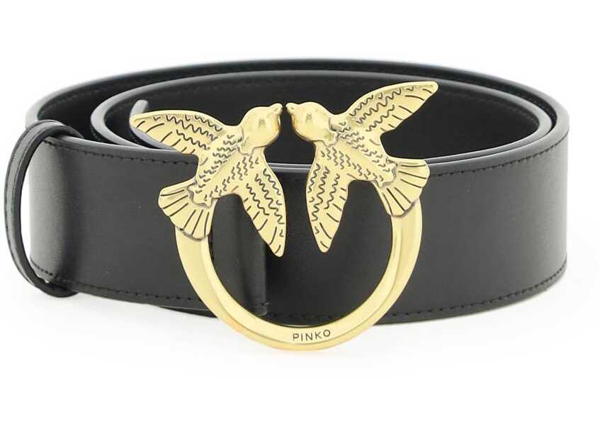 Pinko Love Birds Leather Belt NERO ANTIQUE GOLD