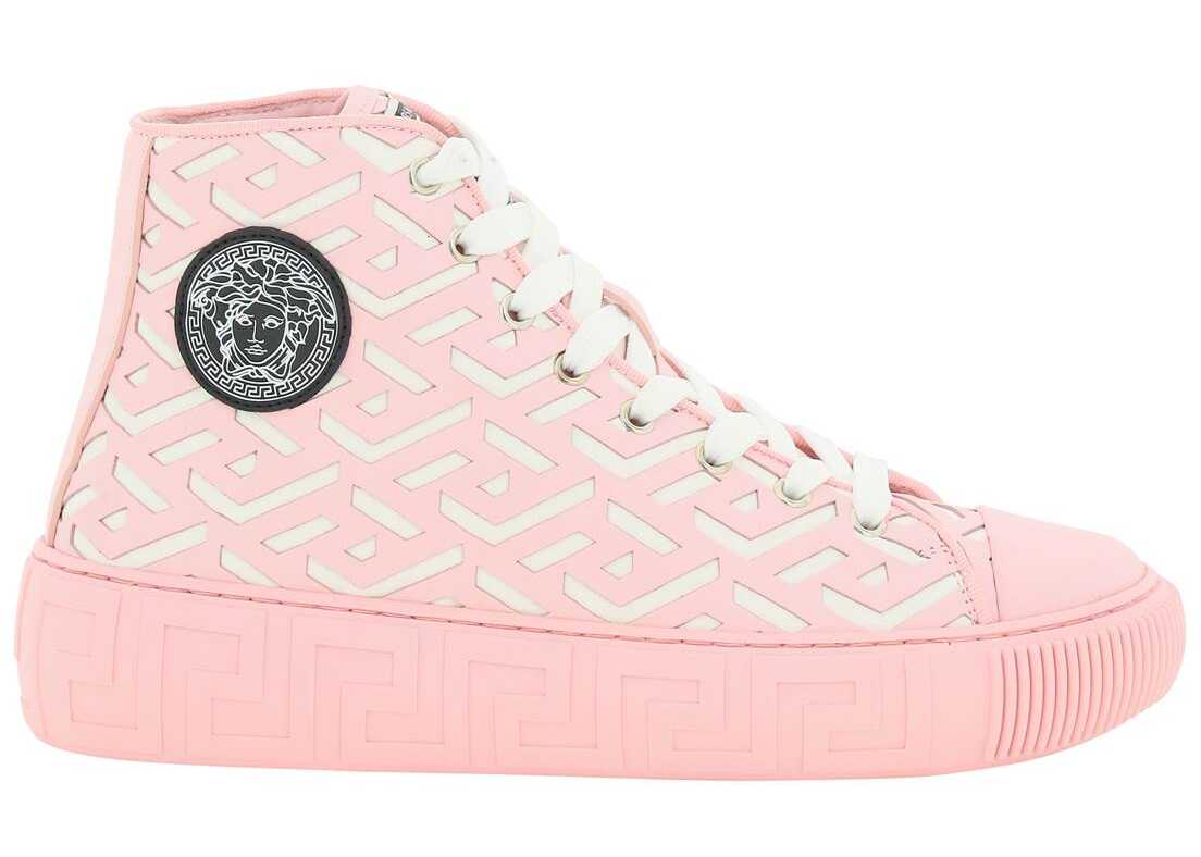 Versace Greca Laser Cut Leather Hi-Top Sneakers ENGLISH ROSE BIANCO PALLADIO