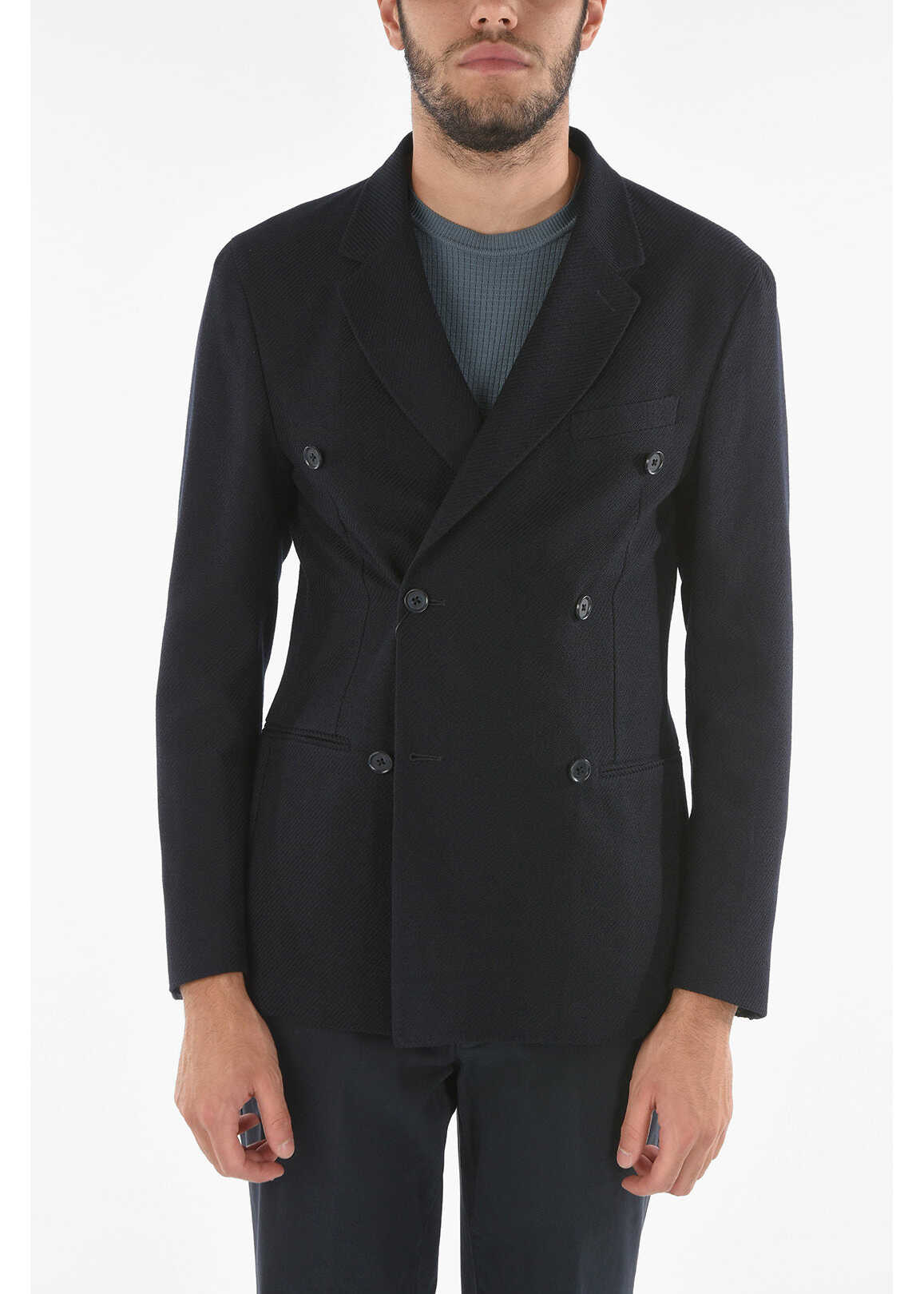 CORNELIANI Cc Collection Virgin Wool Double-Breasted Blazer With Braid Blue