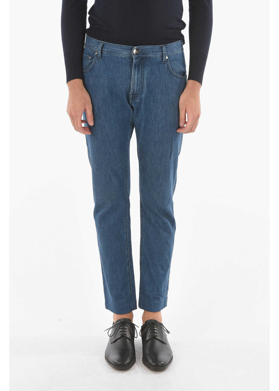 CORNELIANI Id Stretchy Denim Mid-Wash Jeans With 5 Pockets 19Cm Blue