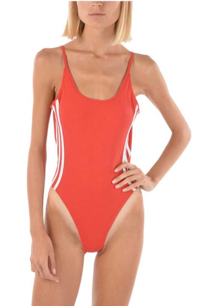 adidas Side Contrasting Band Bare Back Cotton Bodysuit Red