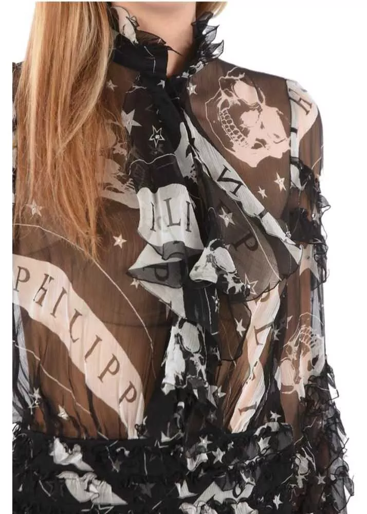 Rochii lungi Philipp Plein Couture Est.1978 Sheer Silk Ruffles Floor Dress With Tie Nec Black Femei (BM 9247424) 3