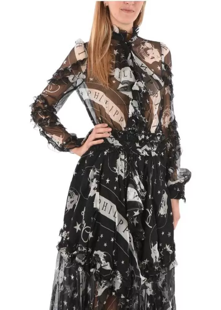 Rochii lungi Philipp Plein Couture Est.1978 Sheer Silk Ruffles Floor Dress With Tie Nec Black Femei (BM 9247424) 4