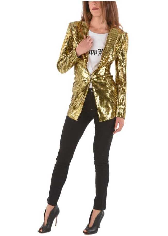 Sacouri Philipp Plein Couture Shawl Lapel Sequined Blazer Gold Femei (BM 9247427) 3