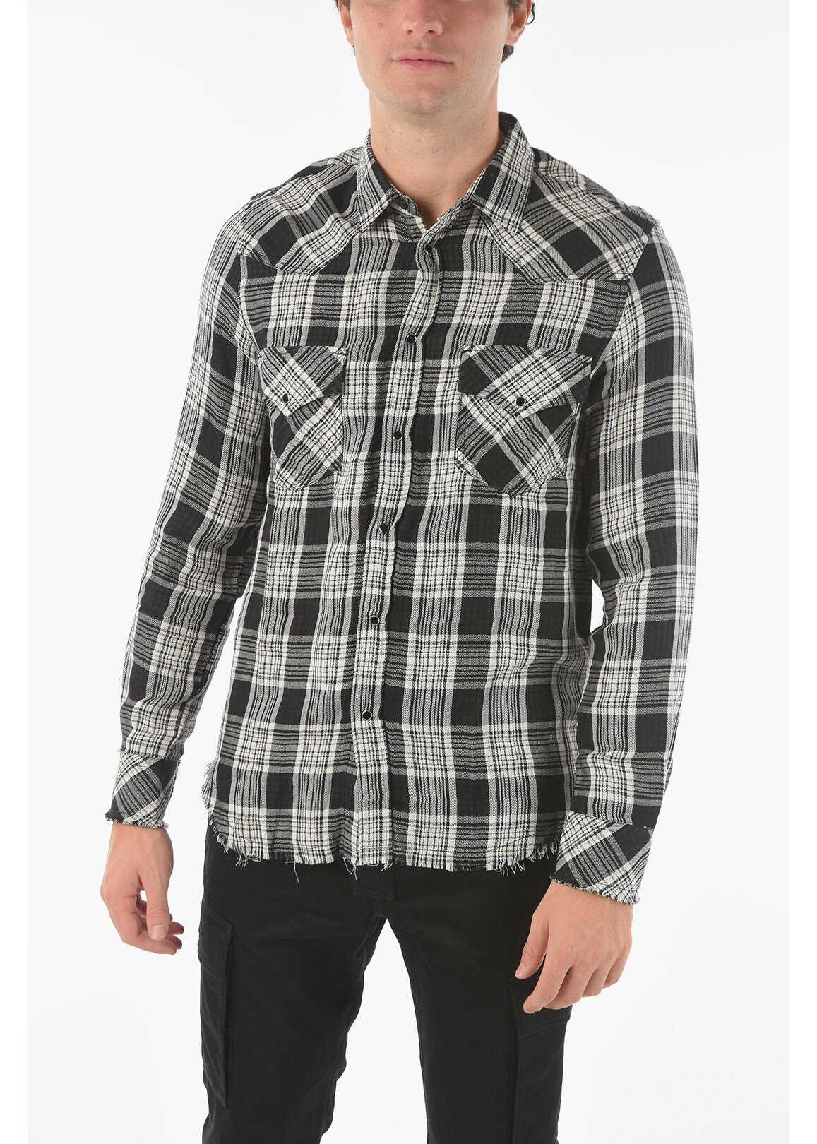 Diesel Fringed Hems S-East-Long-Tub Checkered Shirt With Double Bre Black & White