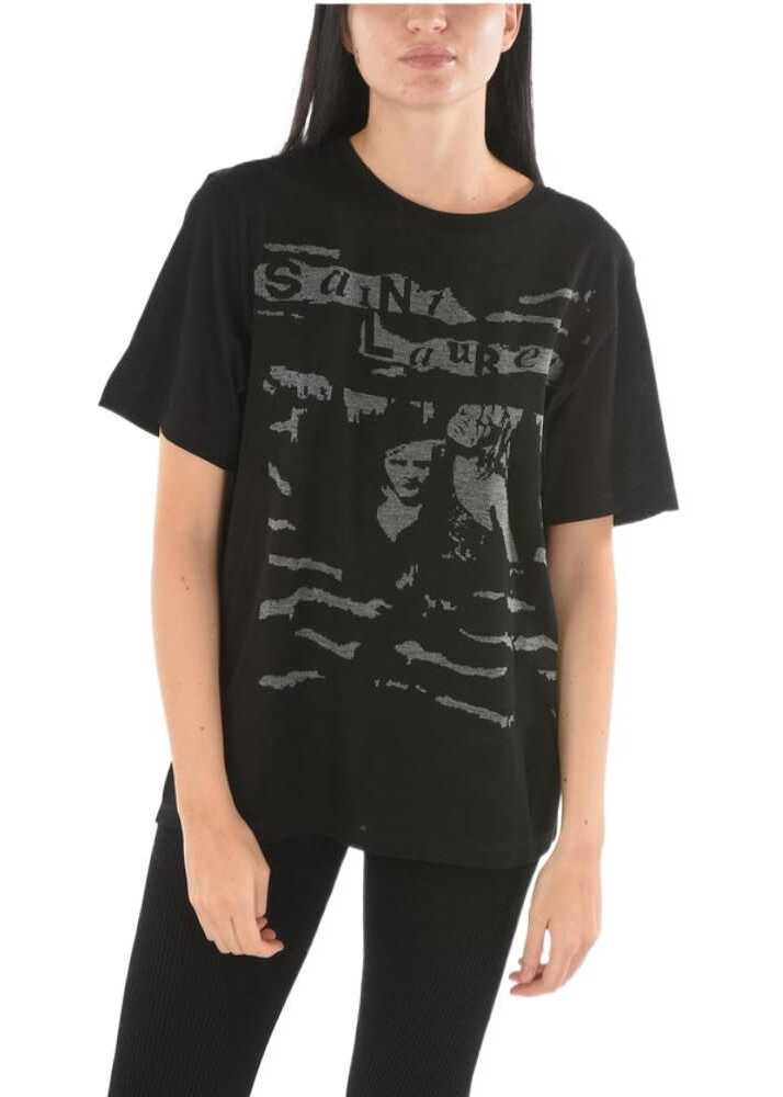 Saint Laurent Crew Neck Front Embroidered T-Shirt Black image16