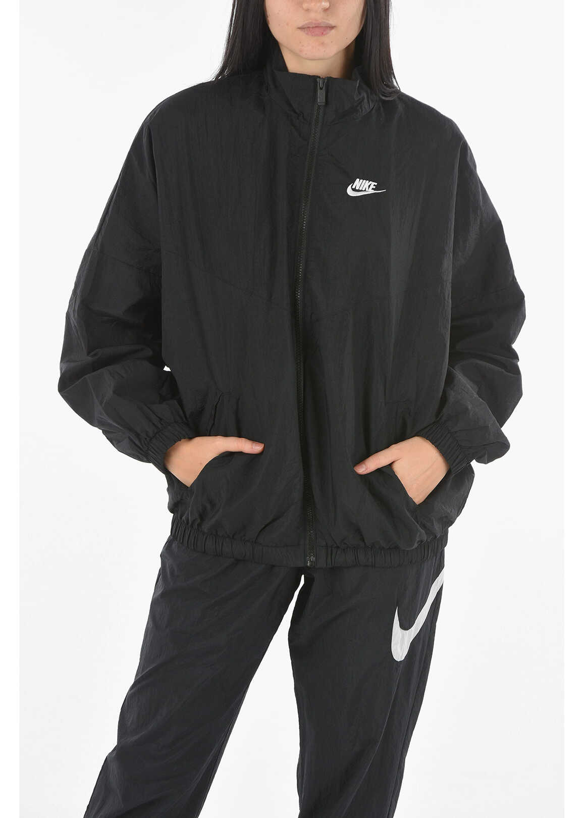 Nike 2 Pockets Oversized Windbreaker Jacket With Zip Closure Black