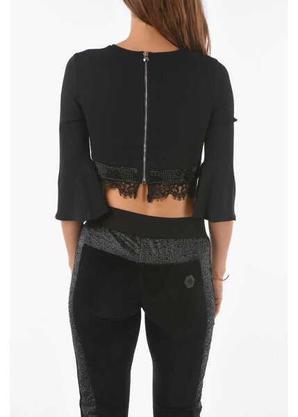 Bluze Philipp Plein Couture Lace Detail Cause You Dont Think Crop Top Black Femei (BM 9273425) 2