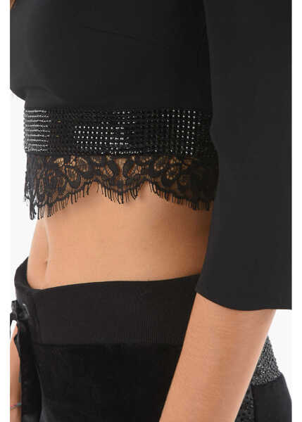 Bluze Philipp Plein Couture Lace Detail Cause You Dont Think Crop Top Black Femei (BM 9273425) 3