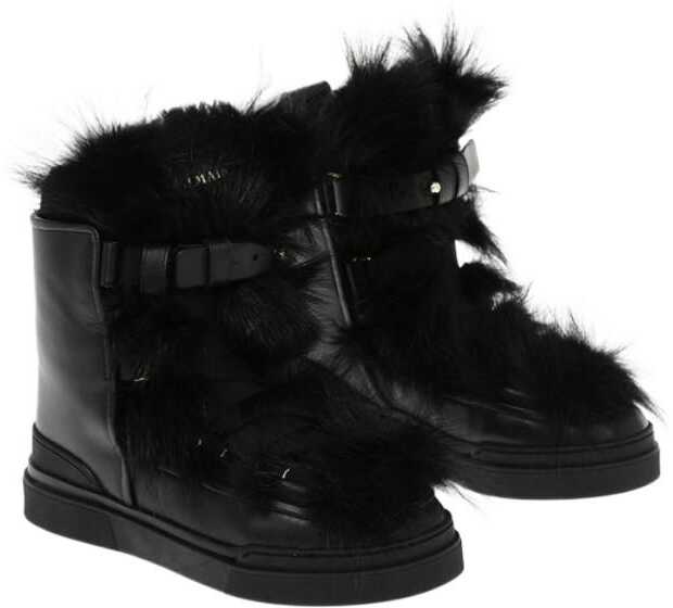 Balmain Leather Apollonia Combat Boots With Faux Fur Detailing And B Black