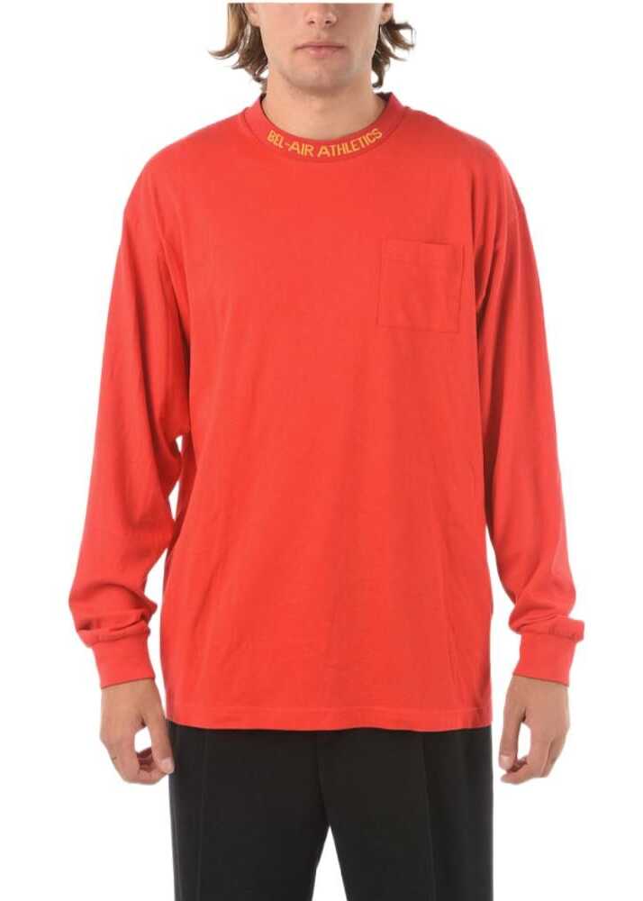 Bel-Air Athletics Breast Pocket Long Sleeve Academy Crest Crew-Neck T-Shirt Red