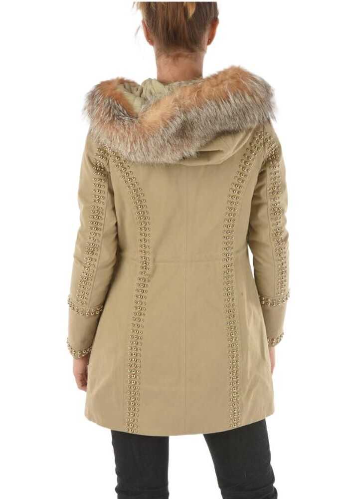 Geci Parka Philipp Plein Couture Studded Fox Fur Edged Amazing Fur Parka Beige Femei (BM 9305360) 2