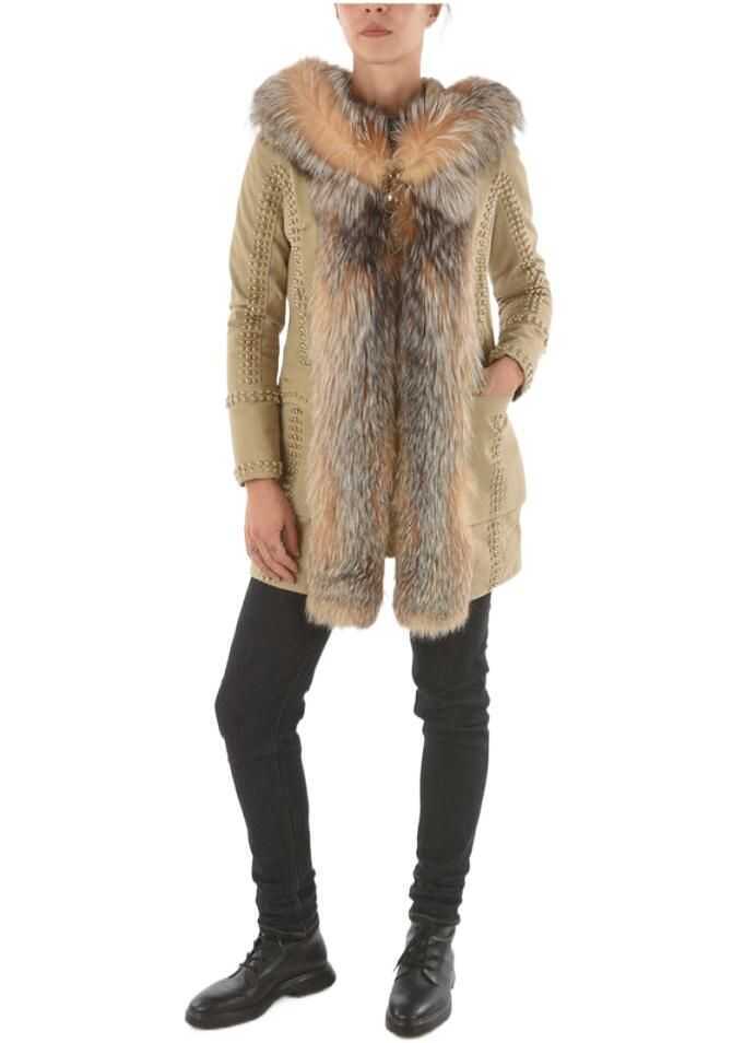 Geci Parka Philipp Plein Couture Studded Fox Fur Edged Amazing Fur Parka Beige Femei (BM 9305360) 4