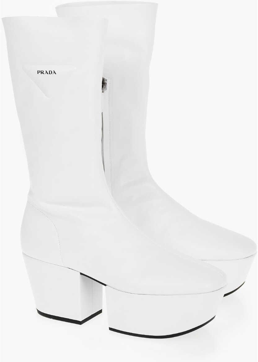 Prada Tech Faux Leather Ankle Boots With Statement Sole And Emboss White b-mall.ro