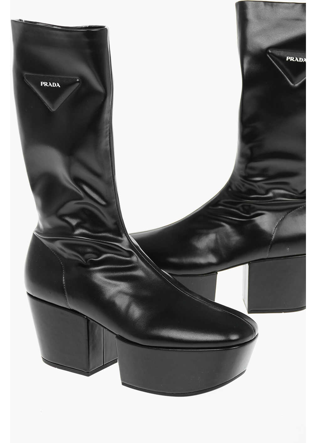 Prada Tech Faux Leather Ankle Boots With Statement Sole And Emboss Black
