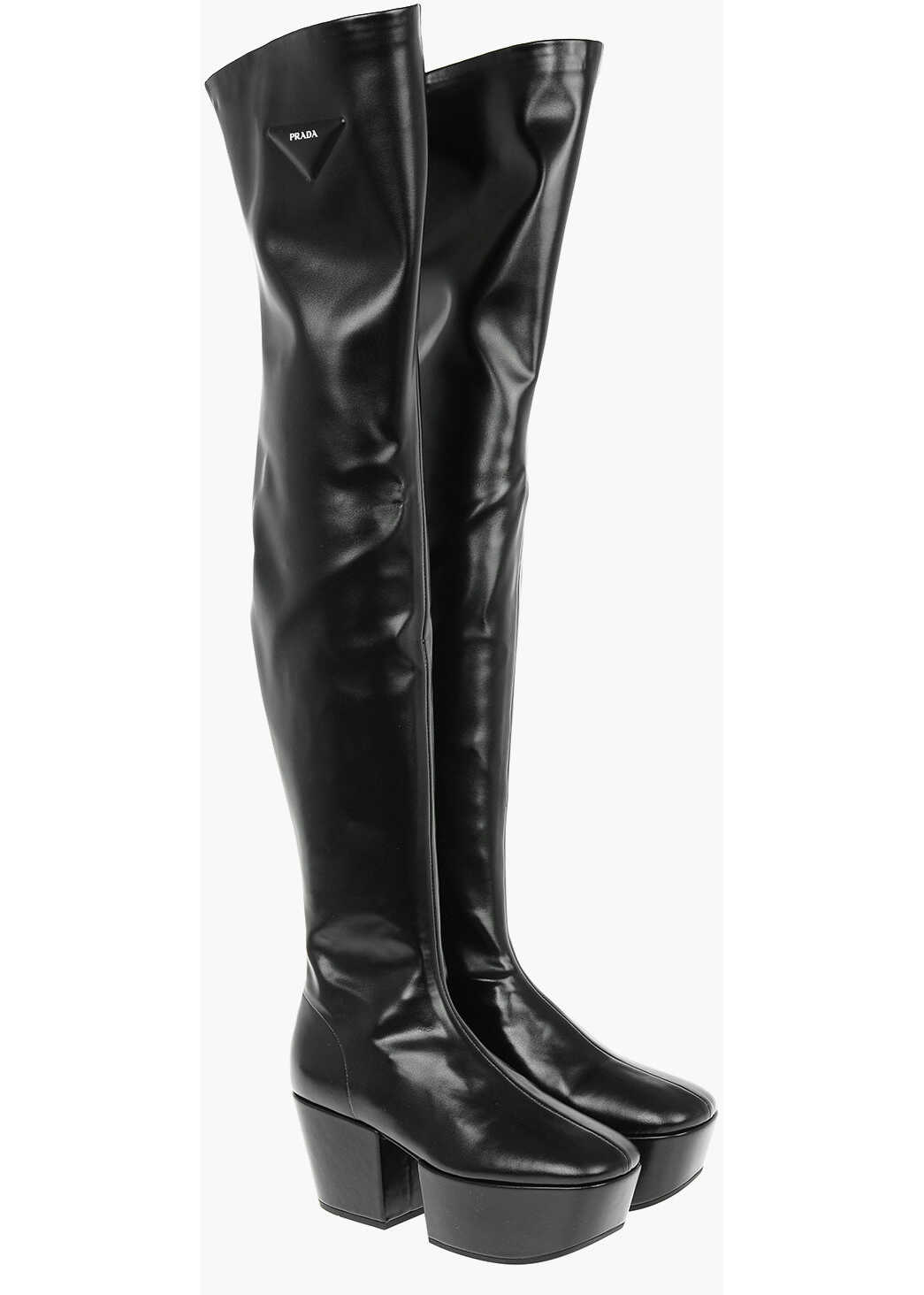 Prada Tech Faux Leather Thigh Boots With Statement Sole And Emboss Black
