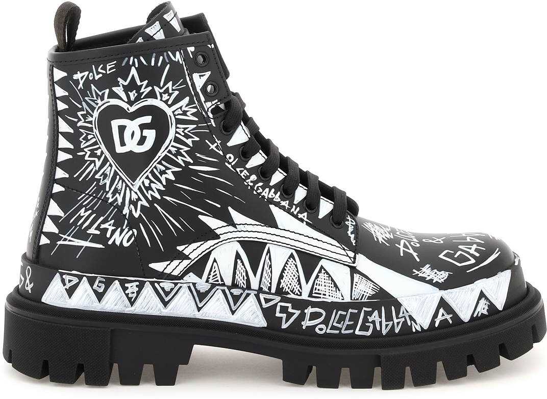 Dolce & Gabbana Graffiti Print Leather Hi-Trekking Boots NERO BIANCO