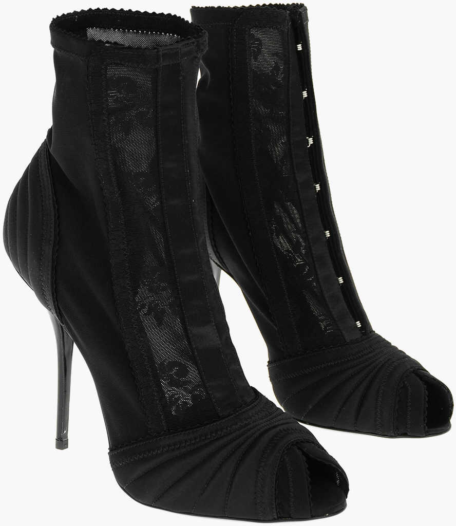 Dolce & Gabbana Satin Laced Bette Open-Toed Ankle Booties With Hoops Fasteni Black