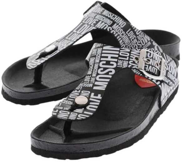 Poze Moschino Love All-Over Logo Printed Leather Birki30 Thong Sandals Wit Black